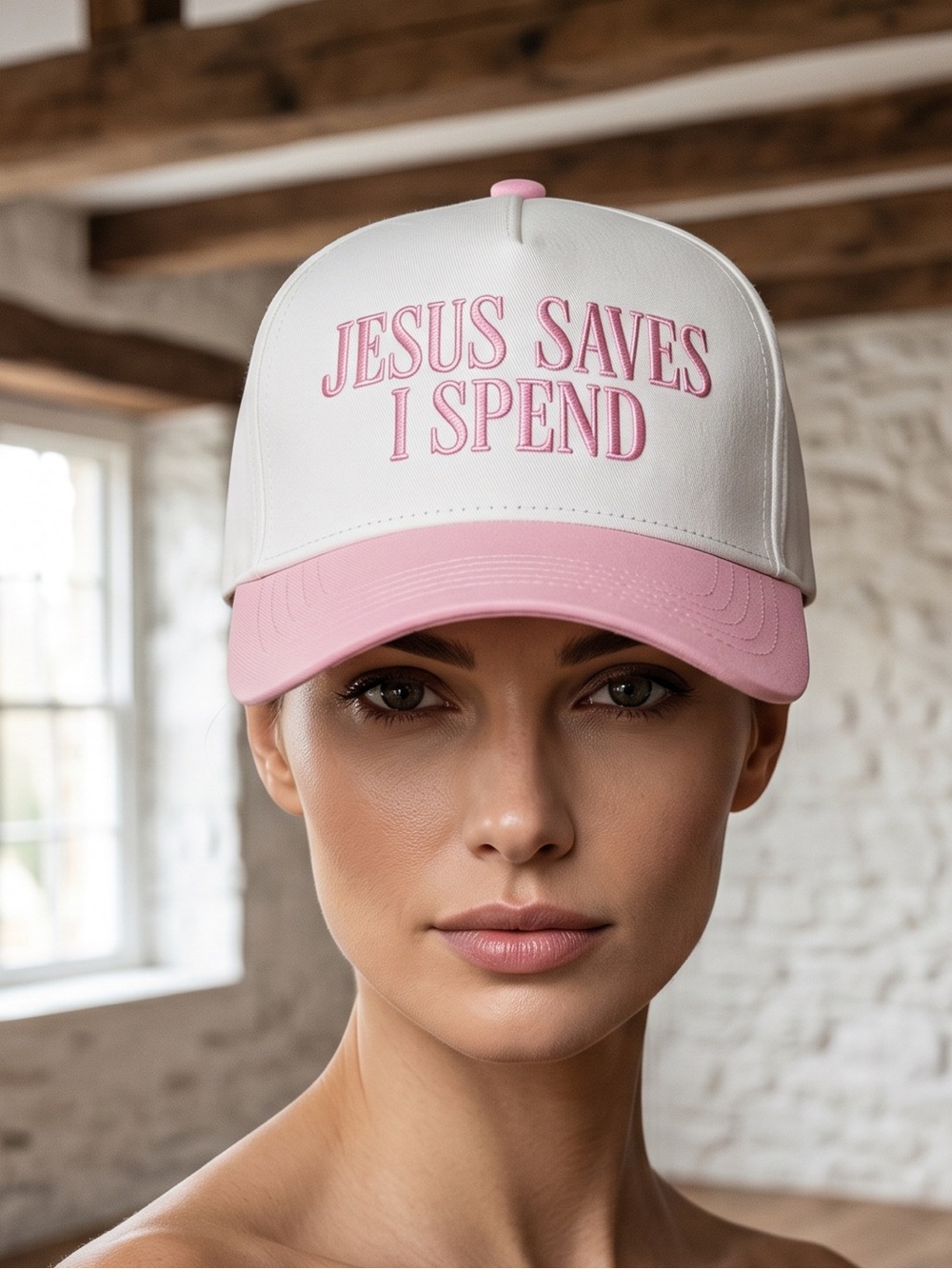 Adjustable Embroidered Trucker Hat in Baby Soft Pink & Cream